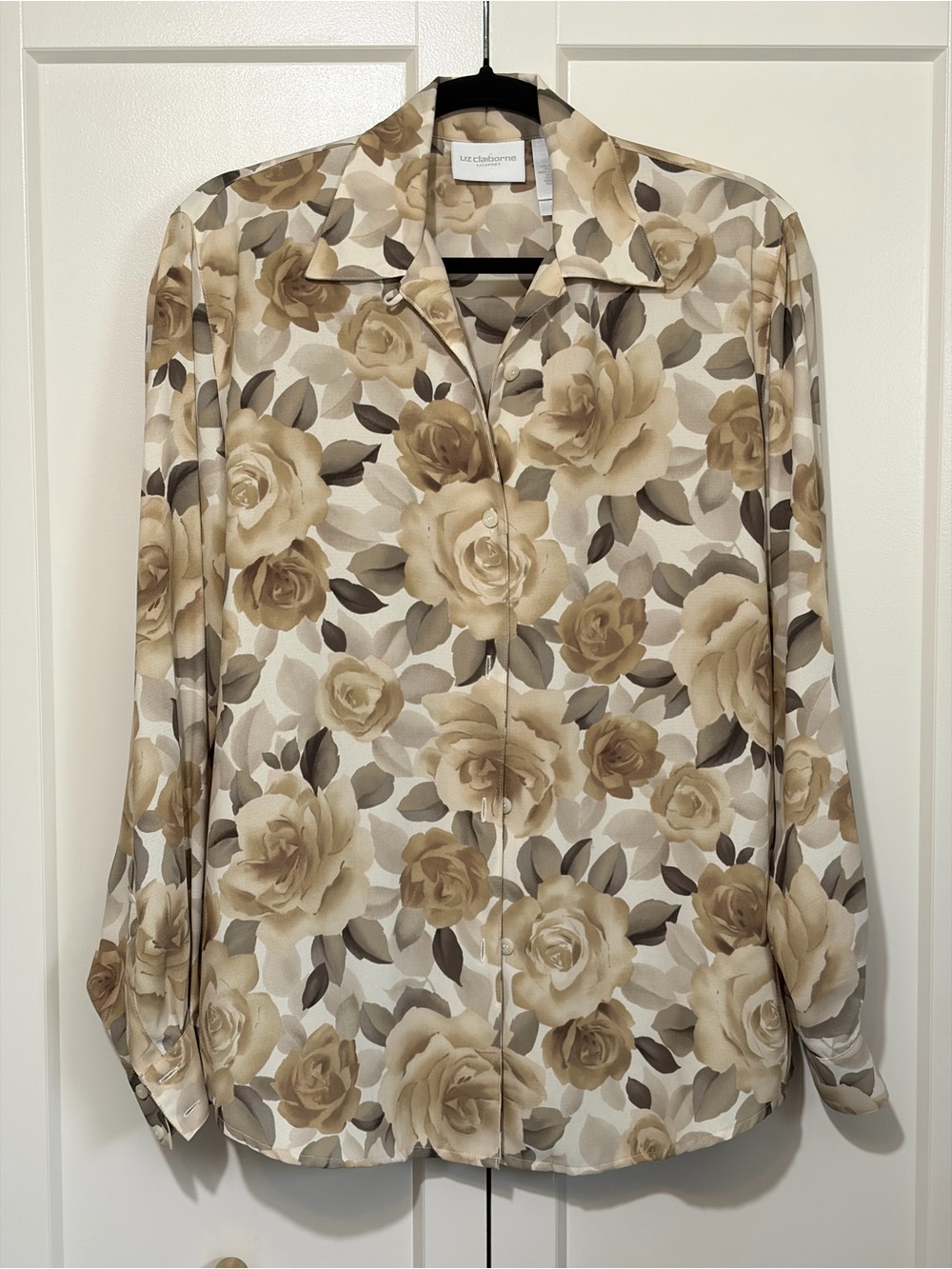 Liz Claiborne Beige Gold Sage Rose Pattern Shirtwaist Blouse Long Sleeves Size S
